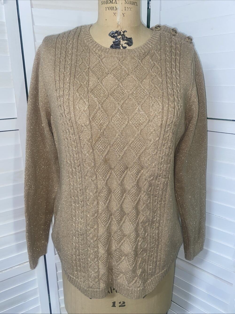 Charter Club Women’s Pullover Sweater Cable Knit Round Neck Gold Glittery Sz LRG